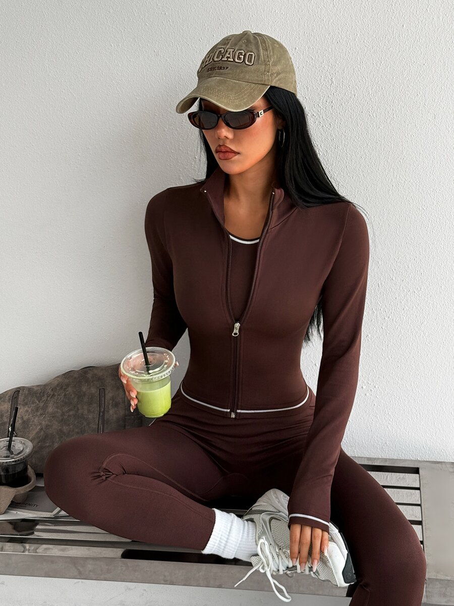 SHEIN Dewbera Women's Long Sleeve Zipper Front Jacket, Fitted Vest And Leggings Sports Set - Brown - View 1