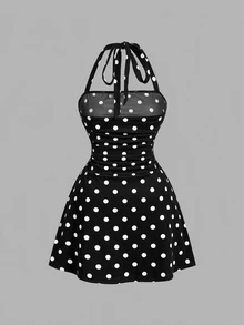 SHEIN MOD 女款波點掛脖短洋裝 - 黑色 - 查看 2