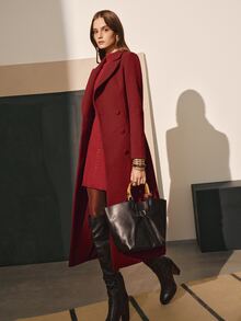 MOTF PREMIUM WOMEN'S VELVET PATCHWORK WAIST-CINCHING MID-LENGTH COAT, AUTUMN/WINTER - Red - View 5