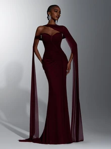 Elitara Elegant Romantic Luxury Elastic Knit Cold Shoulder Off-Shoulder Fabric Ruched Sheer Inner Boning Luxury Rhinestone Embellished Abdominal Ruched Bodycon Long Dress With Detachable Train, Suitable For Holiday Celebration Wedding Ball Concert Business Guest Banquet Internet Celebrity Events Women's Heavy Work Evening Gown - Burgundy - View 5