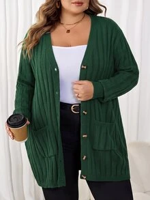 SHEIN CURVE+ 大尺碼女款落肩長袖單排扣商務休閒度假鄉村風冬季針織開襟衫 - 綠色 - 查看 3