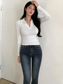 DAZY 女款純色長袖休閒修身 Polo 領 T 恤 - 白色 - 查看 2