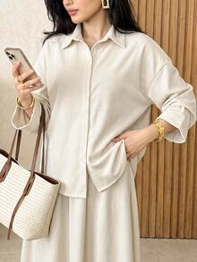 Solavon Women's White Shirt Top And Long Skirt 2 Pieces Set - Apricot - View 5