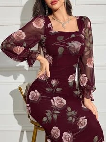 Modelyn 女款優雅純色網紗修身長洋裝，秋季長款晚禮服 - 酒紅色 - 查看 4