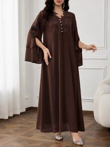 Al Najma Women's Button Decor Lace Solid Color Loose Arabian Dress - Coffee Brown - View 5