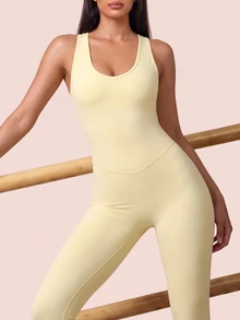 SHEIN BAE Women's Solid Color U-Neck Fashion Slim Fit Sports Jumpsuit - Butter Yellow - View 2