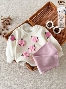 SHEIN 新生兒嬰兒春秋款甜美3D花朵衛衣與羅紋長褲套裝，優雅舒適極簡休閒戶外活動穿搭 - 彩色 - 查看 5
