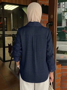 DAZY 秋季蕾絲領長袖寬鬆素色蕾絲拼接綠色休閒風女式襯衫 - 藏蓝色 - 查看 2