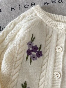 女嬰刺繡針織毛衣與寬腿褲2件套，簡約休閒日常百搭針織套裝，適合遊樂園玩耍、家庭活動與戶外拍照 - 黃色 - 查看 4