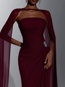 Elitara Elegant Burgundy Knit Mesh Strapless Ruched Waist Bodycon Long Dress With Detachable Strapless Drape, Suitable For Date, Single Party, Wedding, Event, Evening Banquet, Bridesmaid Dress - Burgundy - View 1