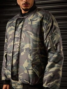 ROMWE MEN Street Life Jaket Musim Dingin Pria Model Baseball Kerah Kamuflase dengan Resleting - Hijau - View 2