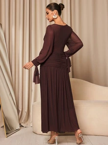 MaterniChic Maternity Solid Color Pleated Casual Party & Travel Dress - Brown - View 5