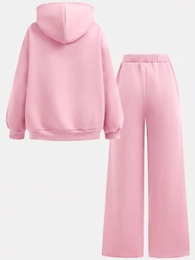 SHEIN Girlism 2件組青少年女孩純色棕色冬季休閒度假返校復古寬鬆圖案秋季連帽衛衣與運動長褲保暖運動套裝 - 粉色 - 查看 2