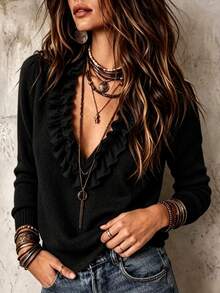 LUMIGAL Women's Solid Color Patchwork Ruffle V-Neck Long Sleeve Sweater - Black - View 3