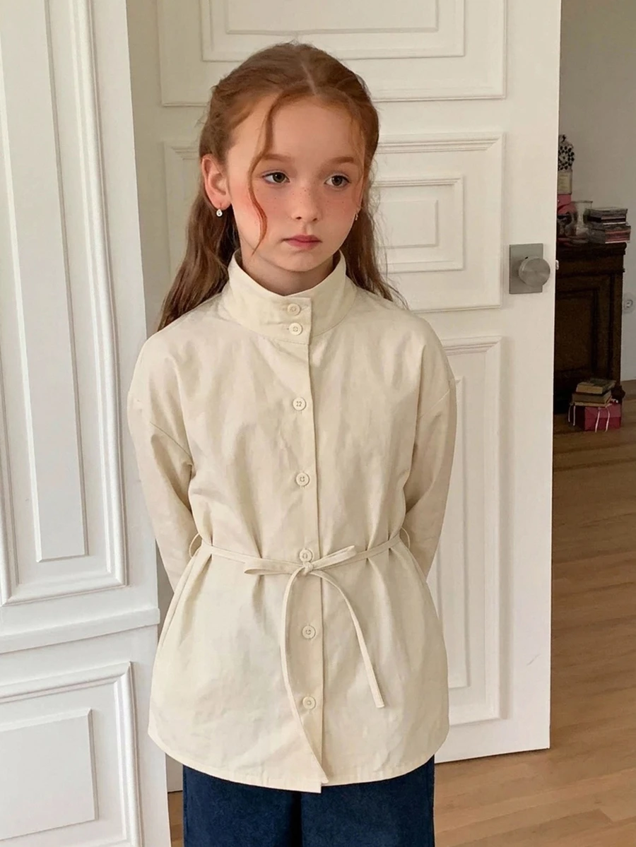 Hapijoa Girls' Stand Collar Long Sleeve Autumn Tie Waist Basic Jacket Shirt (Large) - Beige - View 1