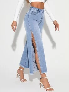 SHEIN Essnce Plus Size Women's Button Half-Front Closure Double Pocket Rhinestone Chain Decor Side Slit Denim Cropped Wide Leg Pants - Blue - View 4