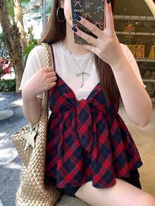 Bijouette 大尺碼女款夏季時尚休閒優雅浪漫極簡度假格紋兩件套，白色針織圓領短袖上衣與格紋V領細肩帶背心，大尺碼女款兩件套，白色女款兩件套與藍色女款兩件套，櫻花季末限量版大尺碼藍白格紋蝴蝶結背心兩件套 - 紅色 - 查看 4