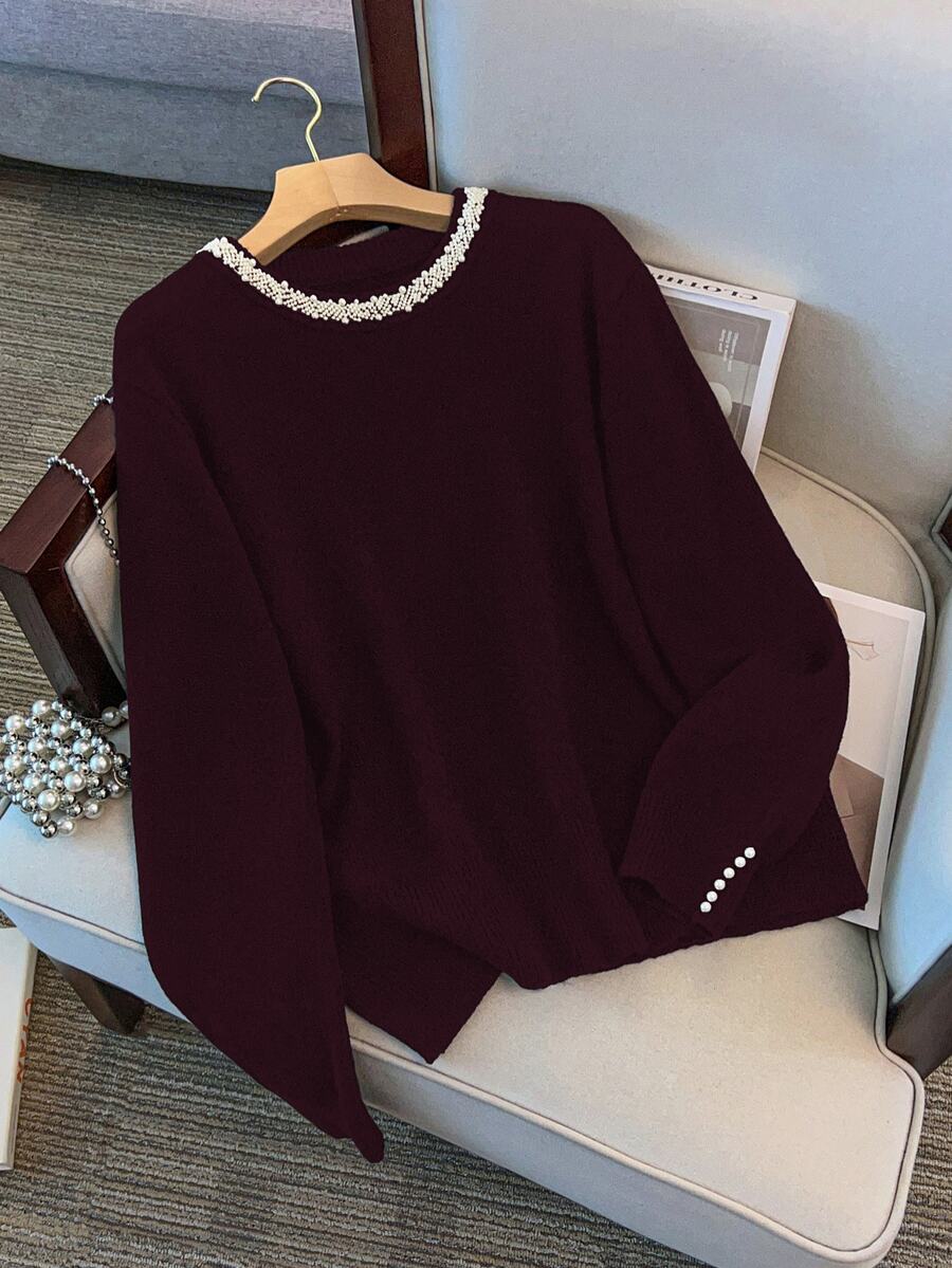 GlowEve CURVE Plus Size Elegant Pearl Round Neck Long Sleeve Pullover Sweater - Burgundy - View 1