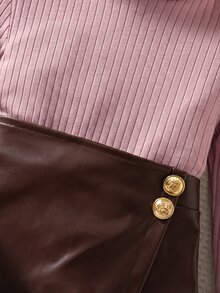 SHEIN 女童小女孩針織素色立領休閒T恤與PU皮革秋季裙 2件套 - 彩色 - 查看 4