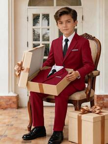 SHEIN 2pcs/Set Kids Tween Boy Summer Casual Academy Cute Gentleman Outfit Solid Color Blazer & Elastic Waist Formal Pants Set Suitable For Birthday Party, Evening Event, Performance, Wedding - Red - View 1