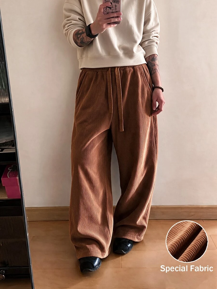 STEELVANCE Men's Solid Color Drawstring Waist Wide Leg Loose Casual Pants - Coffee Brown - View 1