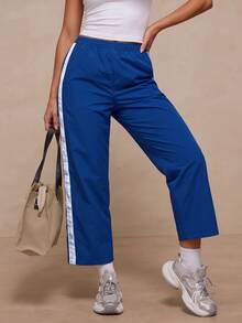Glamine Foldover Waist Stripe Detail Straight Leg Trousers Pants Spring Summer Holiday Vacation Coolgirl Everyday Casual Streetstyle Fall Autumn - Blue - View 2