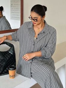 Dazy Plus Fun Commuter Office Casual Striped Loose Fit Spring/Autumn New 2 Pieces Set - Grey - View 6