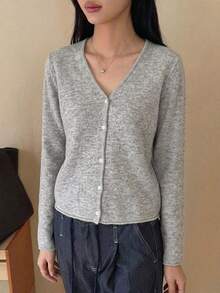Dazy-Less Women's Grey Round Neck Button Cable Knit Long Sleeve Slim Fit Ribbed Cardigan, Autumn/Winter - Grey - View 3