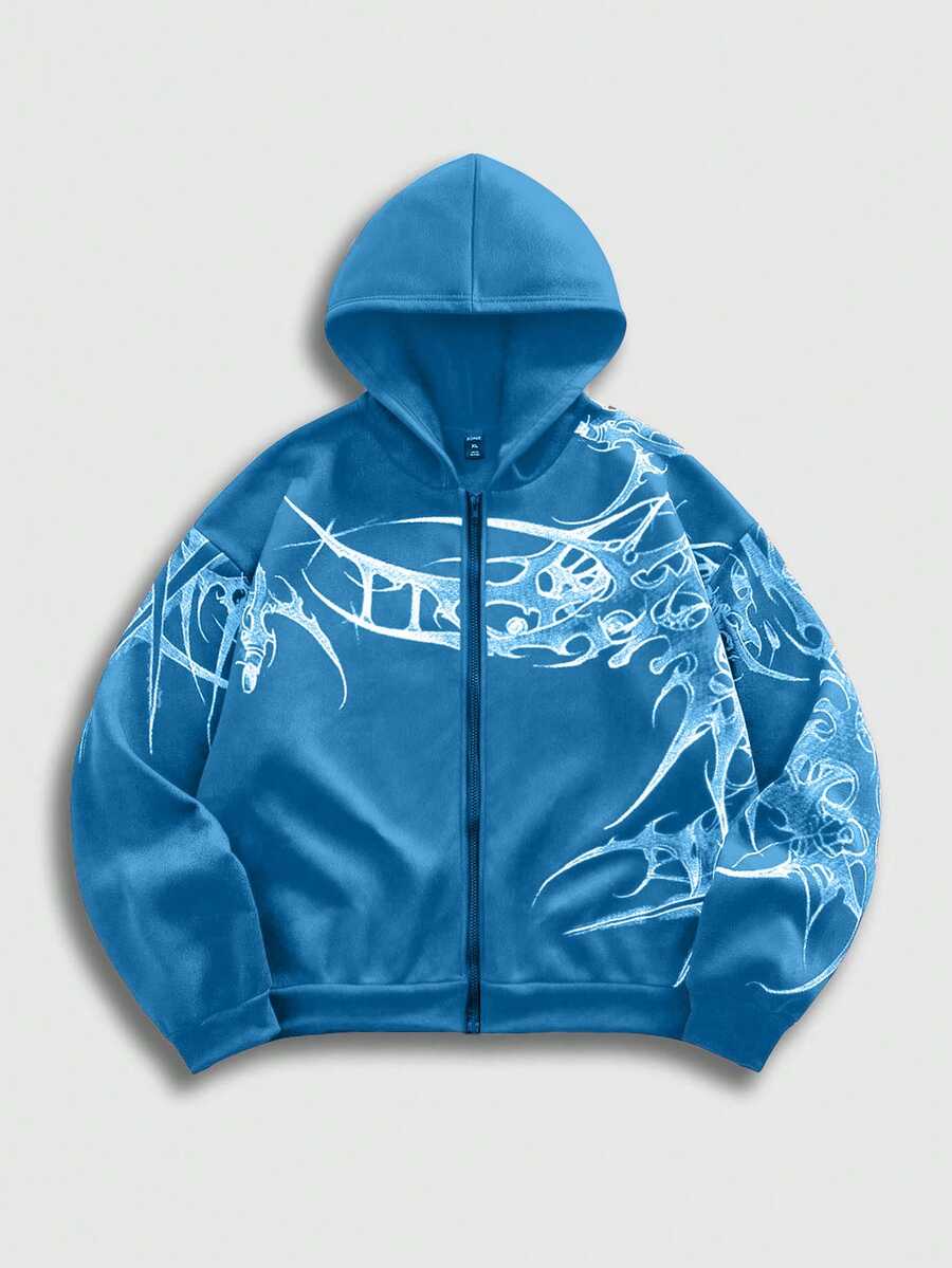 ROMWE MEN Goth Men's Hooded Zip-Up Long-Sleeve Printed Sweatshirt - Baby Blue - View 1