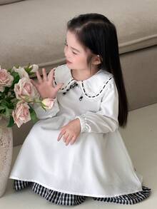 DAZY Tween Girl) Plaid Decor Patchwork Bowknot Long Sleeve Puff Sleeve Cute Sweet Dress - White - View 6