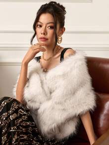 EastFlair Women's Plush Texture Shawl Style Elegant Sleeveless Jacket - White - View 2
