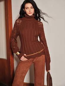 Anewsta Women's Knitted High Neck Turn Collar Petal Sleeve Pullover Sweater - Khaki - View 3