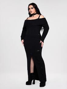 ROMWE Plus Size Gothic Dark Distressed Fitted Cold Shoulder Sweater Dress - Black - View 3