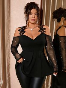 Cravure Plus Size Women's New Pure Black Spaghetti Strap Off-Shoulder T-Shirt Top, Mesh Sequin Sleeve Patchwork, Embroidered Shoulder Straps, Elegant Black Top, Sexy And Slimming, Fashionable And Exquisite Outfit For Daily Outings, Dating/Dinner/Party/Bar/Daily Street Wear, Autumn Top, Spring Top - Black - View 5