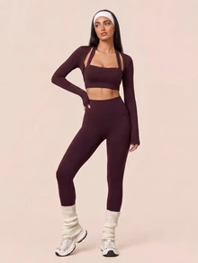 SHEIN BAE Women's Elastic Waist Slim Fit Sports Set - Violet Purple - View 5