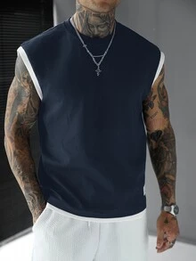 SLATEMANN 男士熱銷舒適素色華夫格面料背心，對比色袖口飾邊圓領，適合正式或休閒場合、休閒度假、用餐聚會、極簡辦公，百搭風格，適合自穿或送禮給朋友，熱銷 Yamamoto 背心 - 寶藍色 - 查看 4