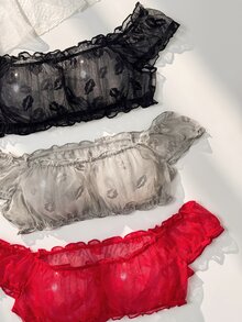 PetitDoll 女款唇形提花網紗內衣套裝，附綁帶丁字褲，6件組 - 彩色 - 查看 5