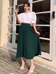 DAZY 秋季高腰深綠色百褶飄逸顯瘦中長裙，優雅度假通勤日常女裙 - 綠色 - 查看 5