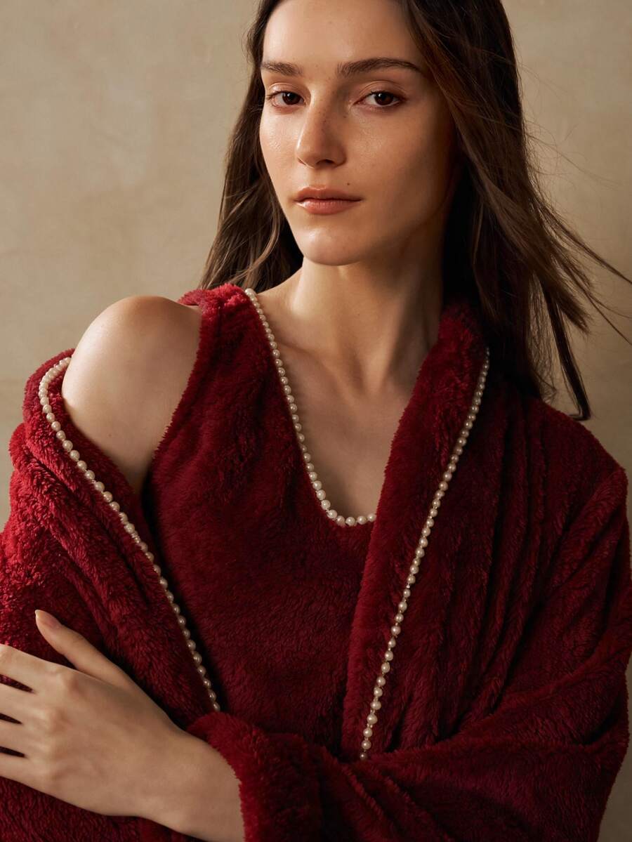 MOTF PREMIUM WOMEN'S FAUX PEARL DECOR CASUAL DAILY HOME SLEEPWEAR - Burgundy - View 1