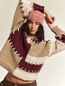 SoleilVie Women's Korean Style Color Block Long Sleeve Sweater For Vacation And Travel - Brown - View 5