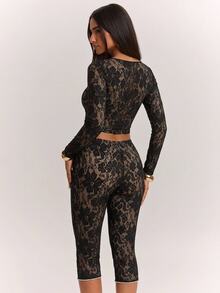 SHEIN BAE Autumn/Winter Solid Color Square Neck Long Sleeve Women's Lace Top & Lace Pants 2 Pieces Set, Elegant Outfit - Black - View 2