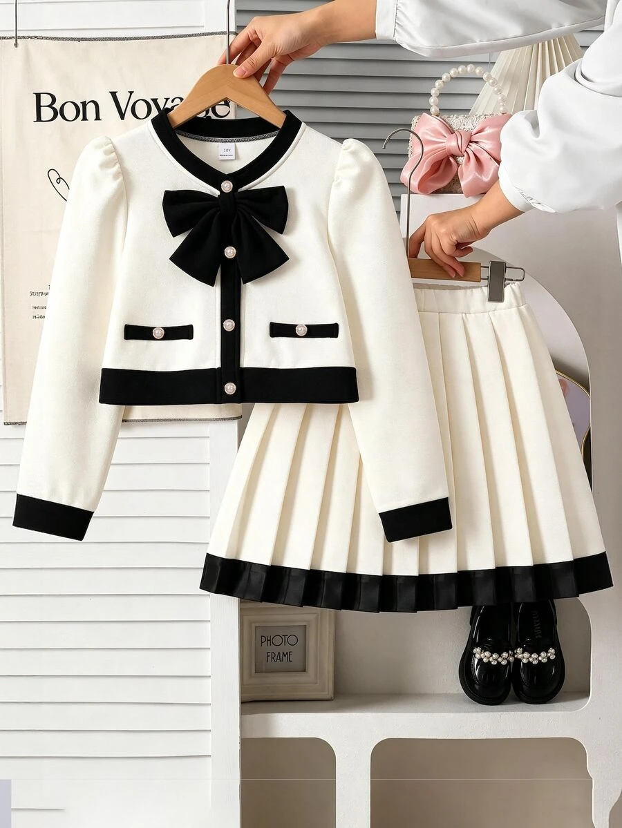 2pcs Spring/Autumn/Winter Tween Girl Long Sleeve 3D Bow & Rhinestone Button Top + High Waist Pleated Mini Skirt, Light Apricot & Black Colorblock Minimalist Design, Suitable For Daily Wear / Party - Apricot - View 1