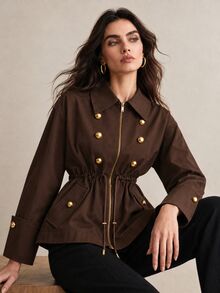 CielaLinda Women's Brown Zip-Up Jacket With Metal Button Placket And Waist Drawstring, Casual Outerwear, Trench - Brown - View 3