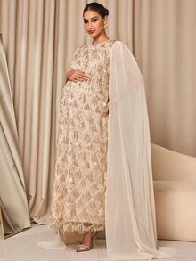 MaterniChic Maternity Luxury Elegant Sequin Dress For Evening Party - Apricot - View 4