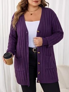 SHEIN CURVE+ 大尺碼女款純色休閒寬鬆百搭日常開襟衫 秋冬辦公居家穿搭 紫色 - 紫色 - 查看 3