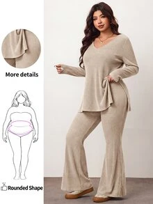 Enliva Plus Size Casual Home 2 Pieces Set: Minimalist Cold Shoulder Ribbed Design, Suitable For Autumn/Winter Wear, Flattering For Curvy Figures - Apricot - View 1