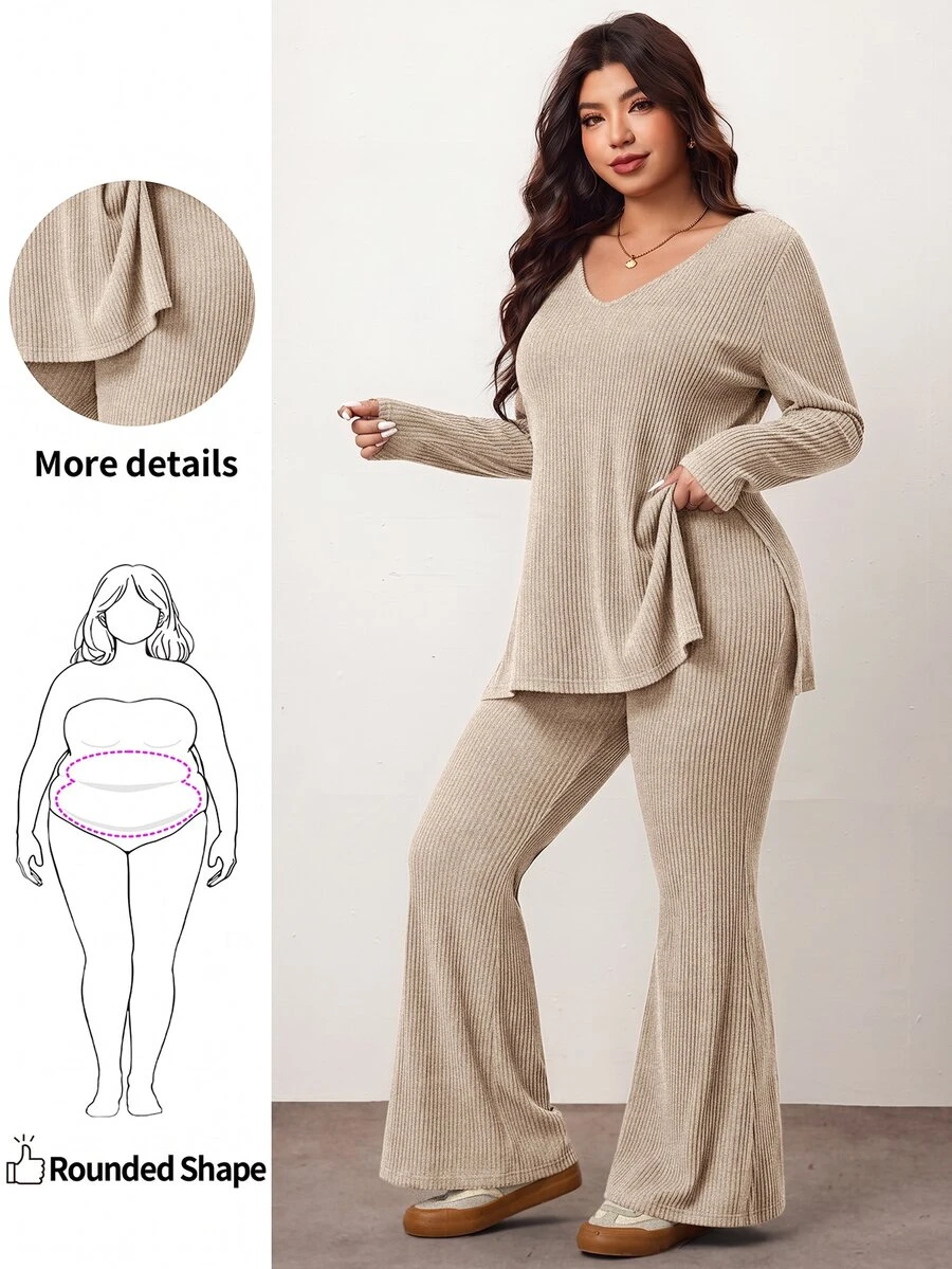 Enliva Plus Size Casual Home 2 Pieces Set: Minimalist Cold Shoulder Ribbed Design, Suitable For Autumn/Winter Wear, Flattering For Curvy Figures - Apricot - View 1