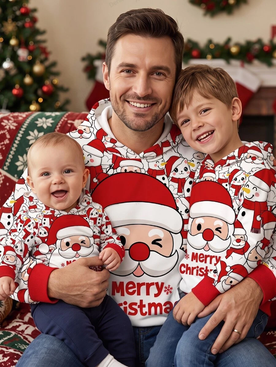 SHEIN Boys' Red Santa Claus Christmas Sweatshirt, Suitable For Streetwear, Street Style, Parent-Child Matching - Red - View 1