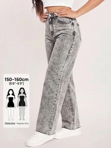 SHEIN PETITE 女款寬鬆寬腿休閒百搭牛仔褲，附口袋 - 灰色 - 查看 1