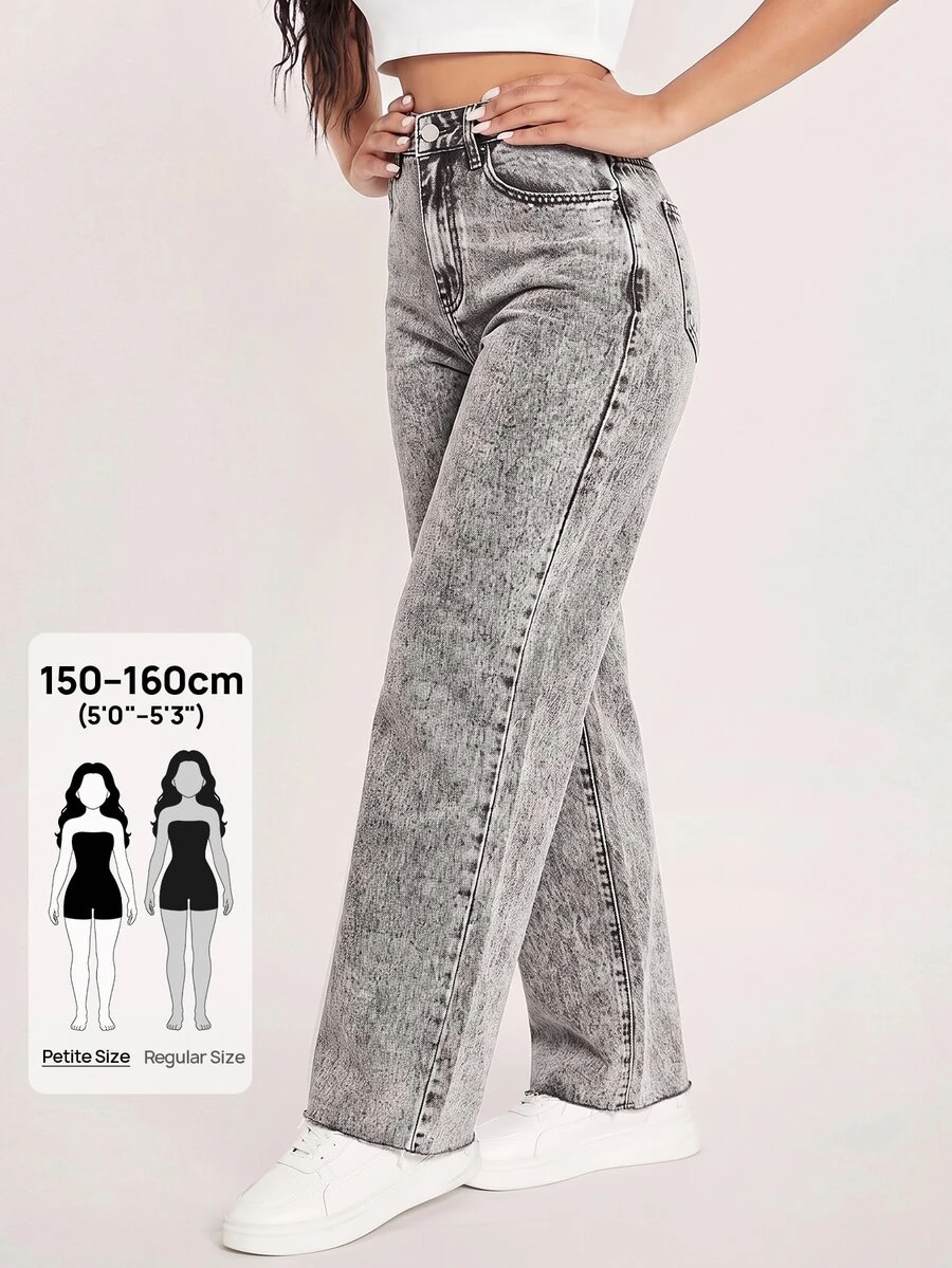 SHEIN PETITE 女款寬鬆寬腿休閒百搭牛仔褲,附口袋 - 灰色 - 查看 1